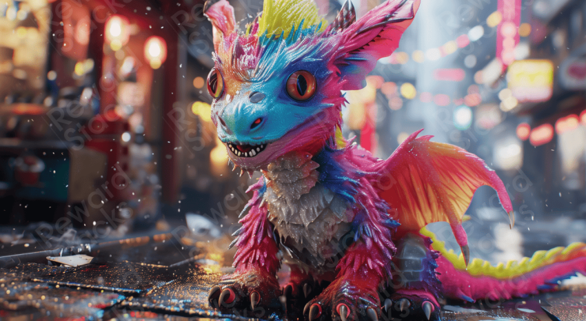 Colorful dragon is sitting in a city