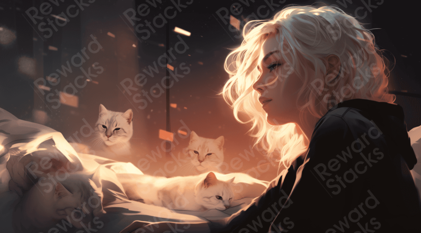 Sleepy girl and several cats