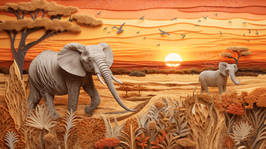 3d quilling African safari sunset
