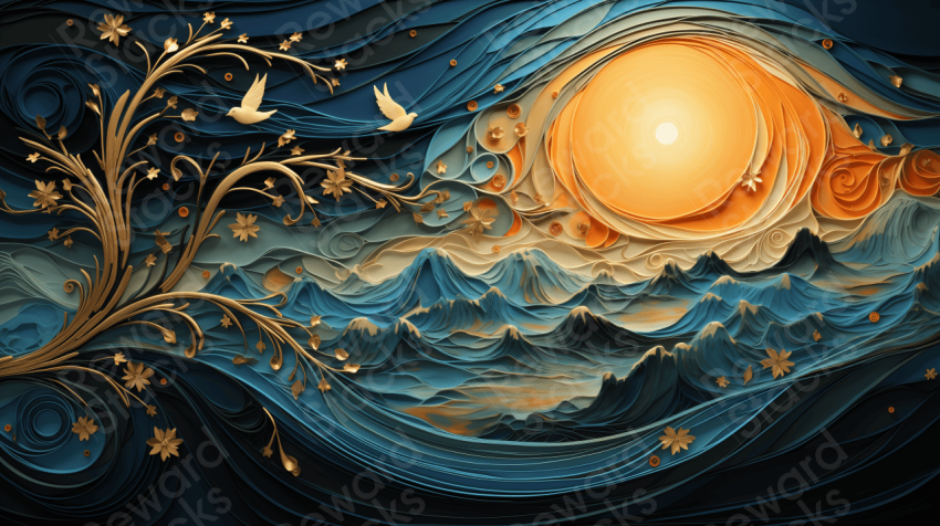 Gold  turquoise twirly birds