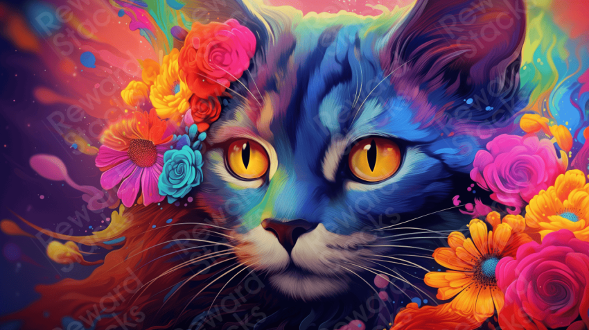 Colorful cat with flowery art