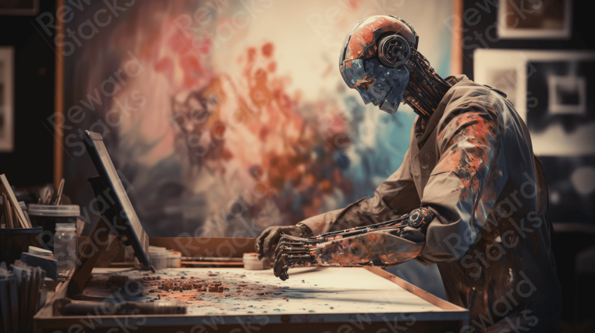 Futuristic Robot Creating Art in Studio