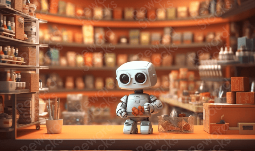 An image of a robot standing in front of shelves