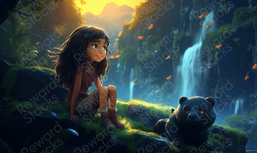 Girl with her friend in forest jungle