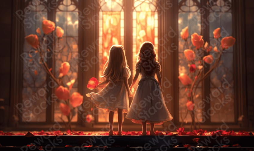 Girls standing in magic castle