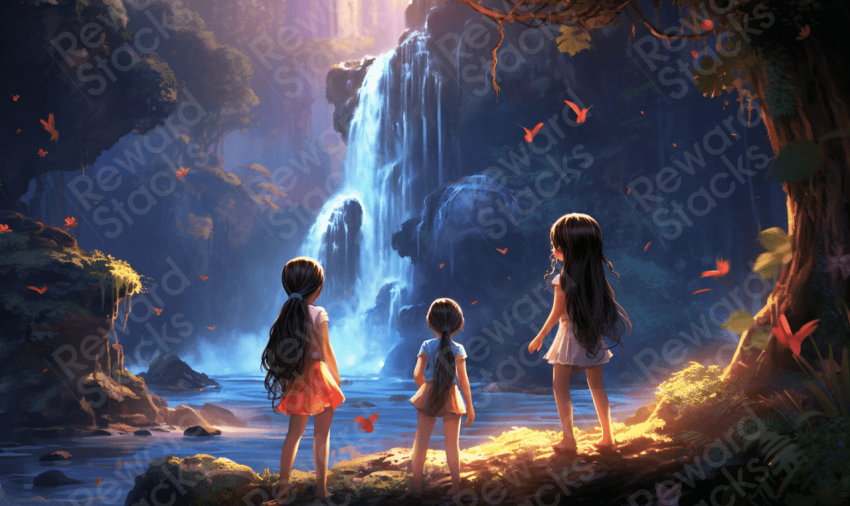 3 Cute small girls  in forest jungle