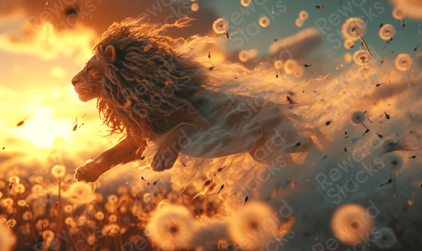 Lion flying through the dandelion