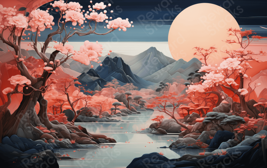 Colorful textured painting of a Japanese Art