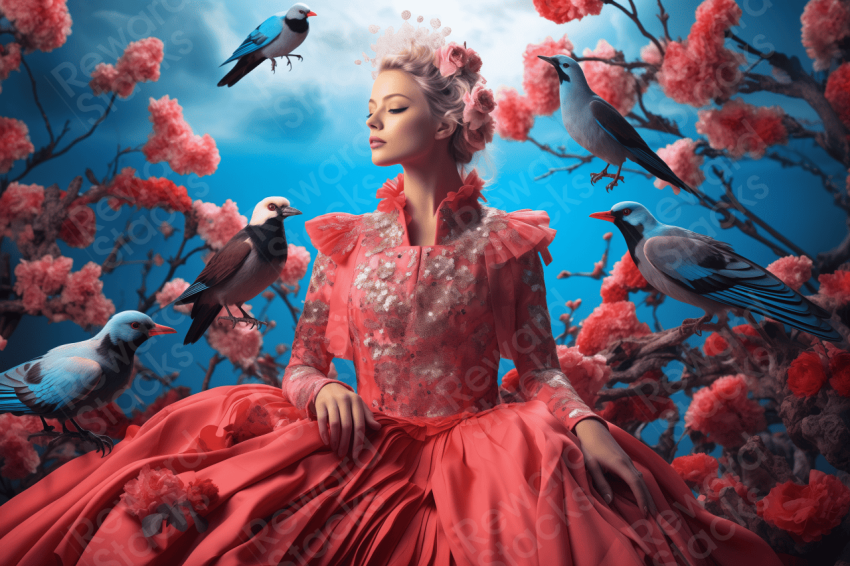 Lady in a field of flowers with birds flying