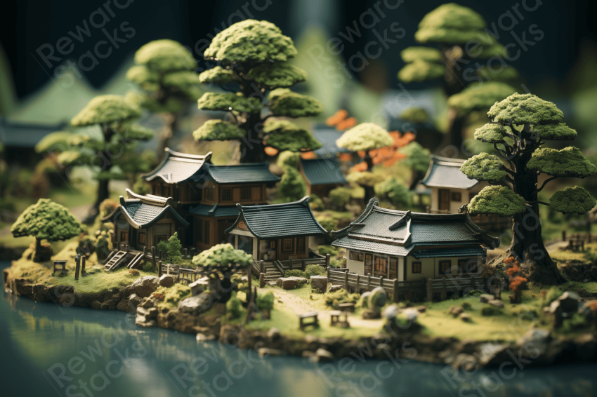 Japanese village render with miniature houses