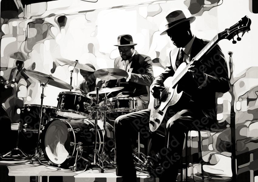 Black and white illustration of a jazz band