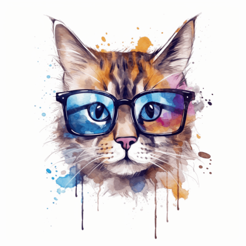Cat wearing glasses watercolor