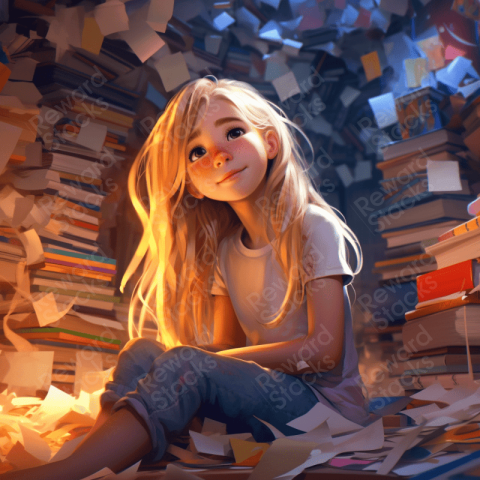 Little girl sitting in the messy book room