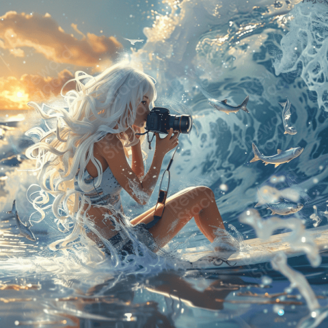 Girl sits on a surfboard and making a pictures