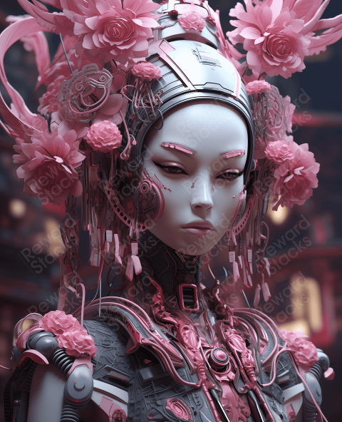 Cyber lady with pink flowers