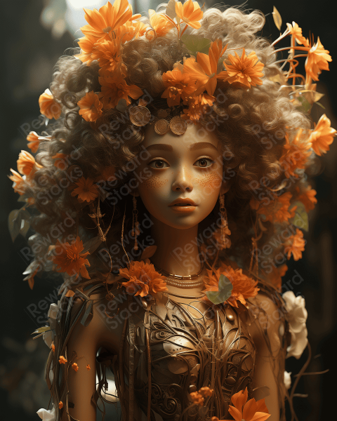 Beautiful doll with big eyes and flowery hair