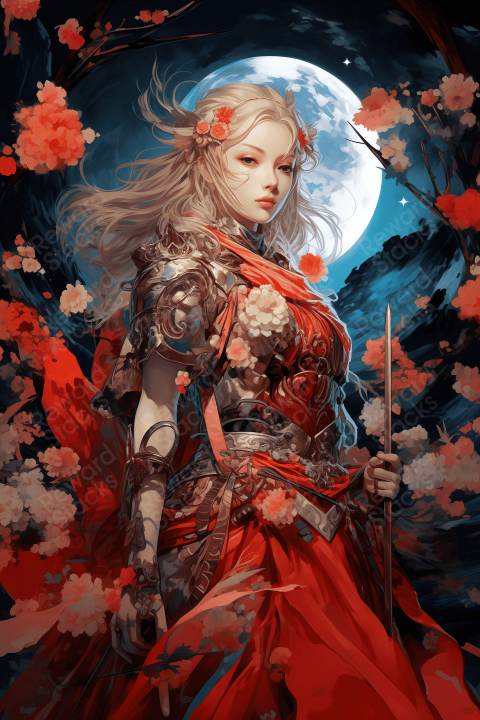 Anime girl with a sword at the full moon