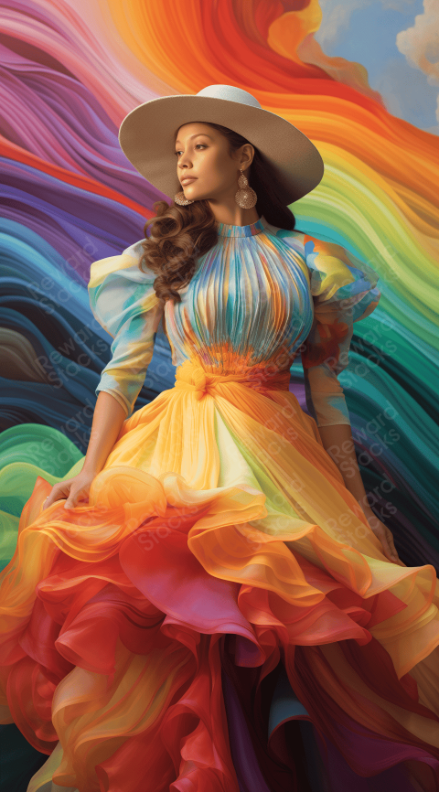 woman in a brightly colored rainbow dress