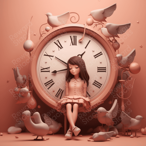 3d illustration of a girl near clock with birds