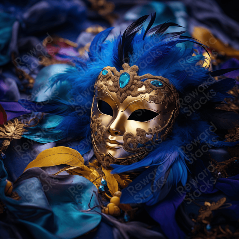 Blue fashion mask with gold feathers