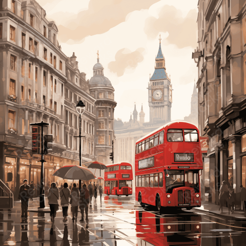 London city street with iconic red bus
