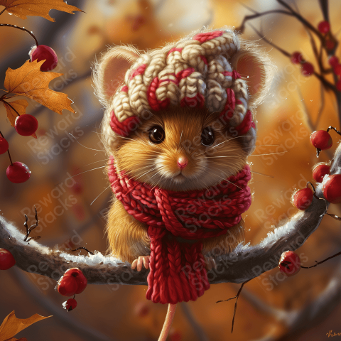 Cartoon mouse in a knit hat and scarf