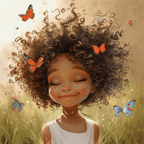 Girl with curly hair in the park with butterflies
