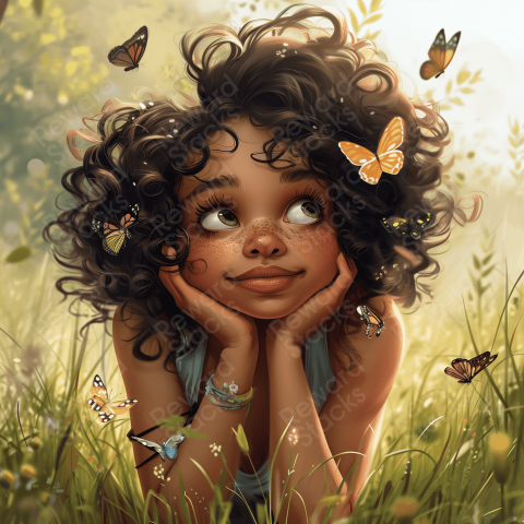 Girl with curly hair in the park with butterflies