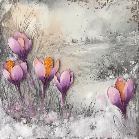 A glistening snow covered garden with 4 crocus