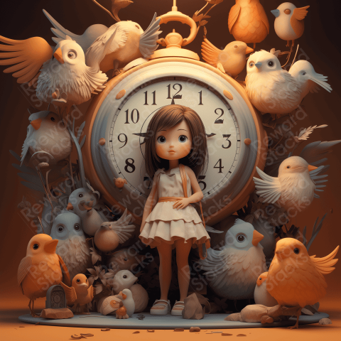 Little girl stands next to a clock full of birds
