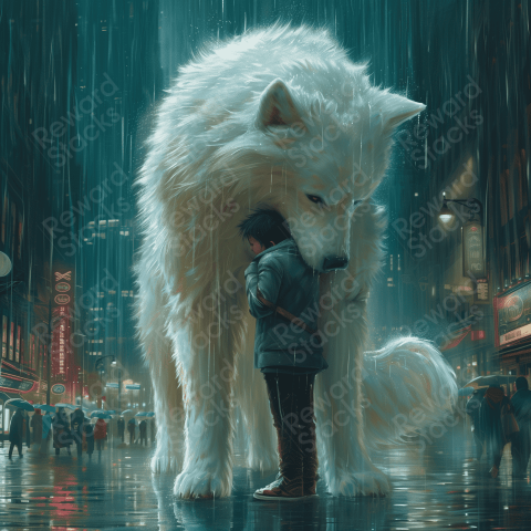 Hugging by a large white dog