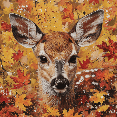 Painting of a woodland fawn in autumn leaves