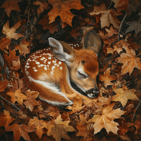 Fawn sleeping in a pile of leaves