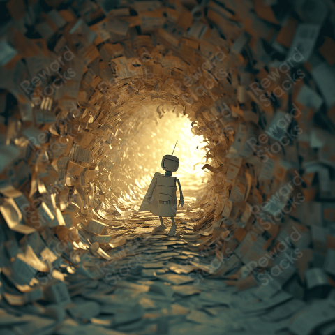 Robot is inside a tunnel filled with papers
