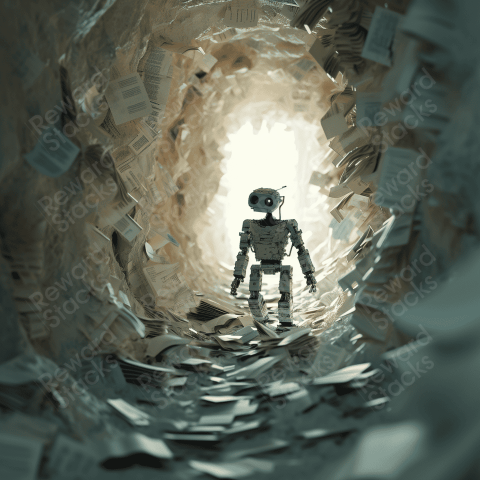 Robot is inside a tunnel filled with papers