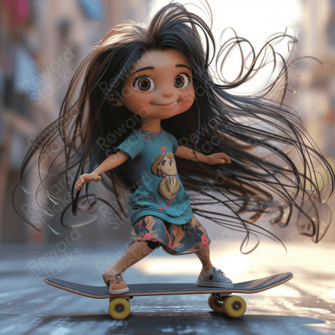 Girl on a skateboard pixar style