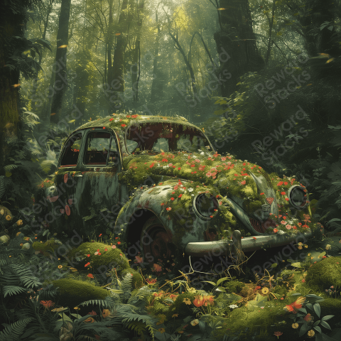 Old car with moss and flowers