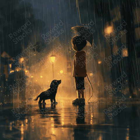 Little boy and his dog under the rain
