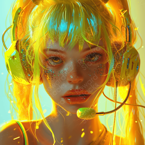 Neon  yellow little girl with headphones