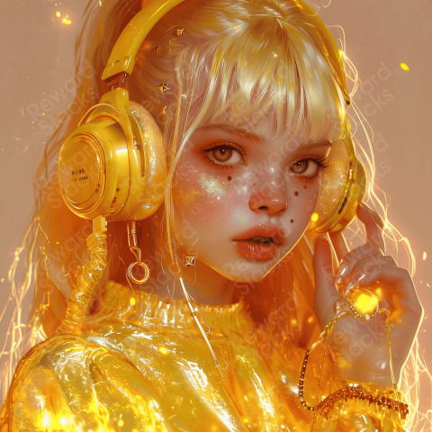 Yellow neon  little girl with headphones