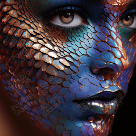 Beautiful woman closeup reptile scales on face