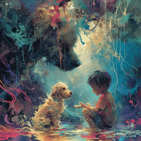 Cute biy playing with dog in rain