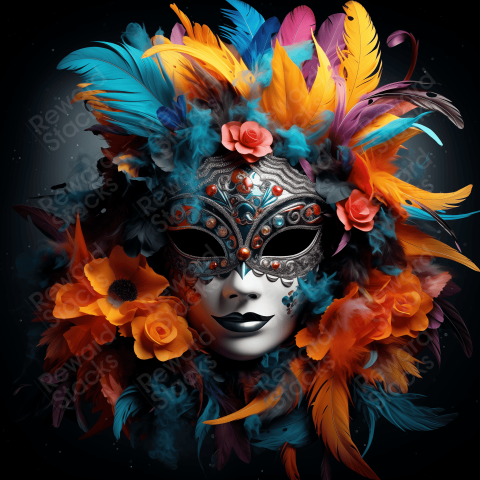Colorful mask covered in feathers