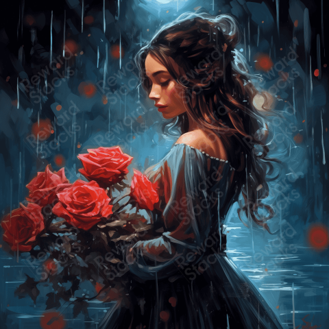 Girl with roses under the rain
