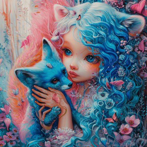 Girl and a blue fox