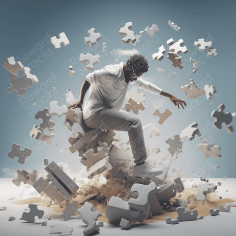 Man tumbling on puzzle pieces