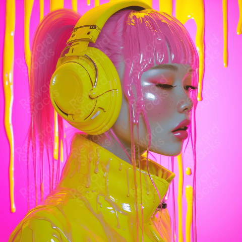 Neon Yellow lady in headphones and pink paint