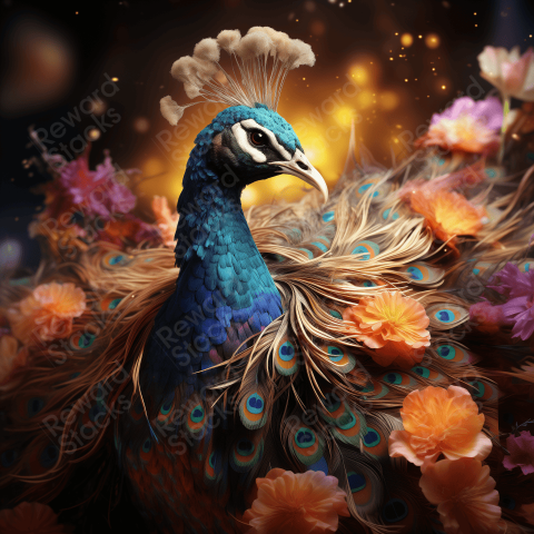Peacock with Flowers