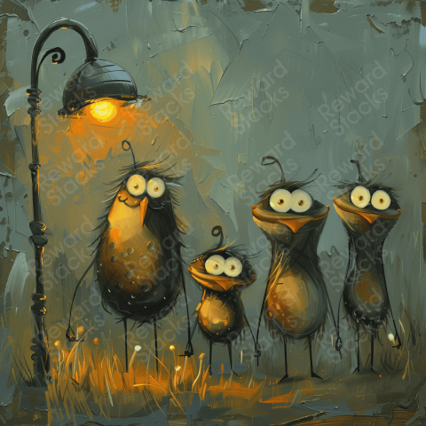 Several goofballs standing under a street light