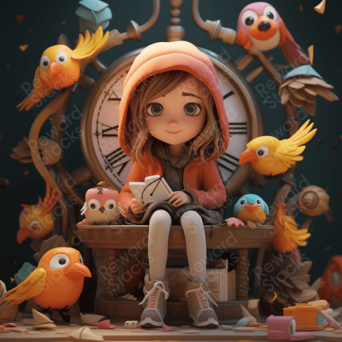 3D girl near the clock and birds